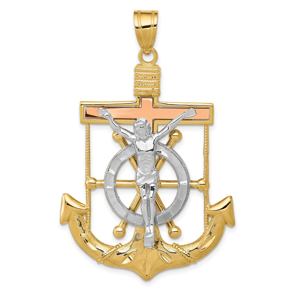 14k Tri-color Diamond-cut w/Textured Mariner's Cross Pendant - 4