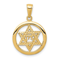 14K Jewish Chai In Star Of David Pendant