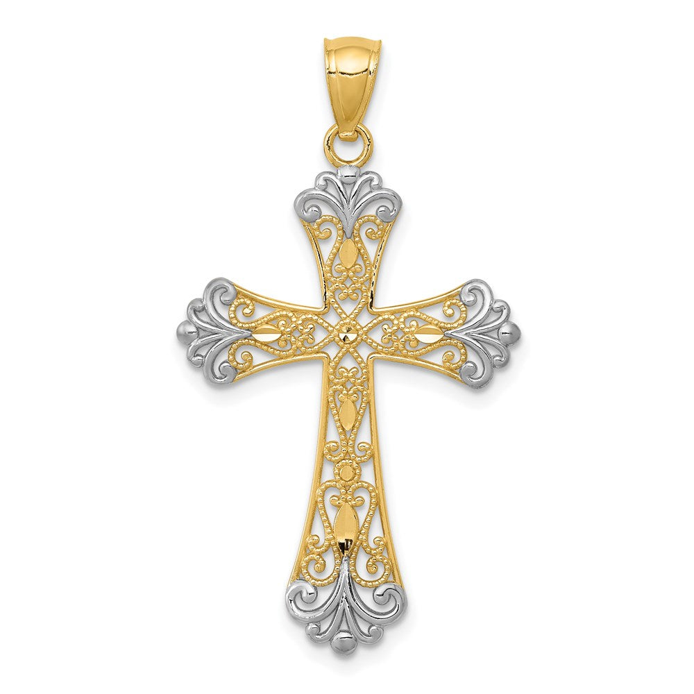 14k w/Rhodium Diamond-cut Cross Pendant - 2
