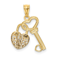 14K Two-tone Polished Filigree Heart Lock and Diamond-cut Key Charm