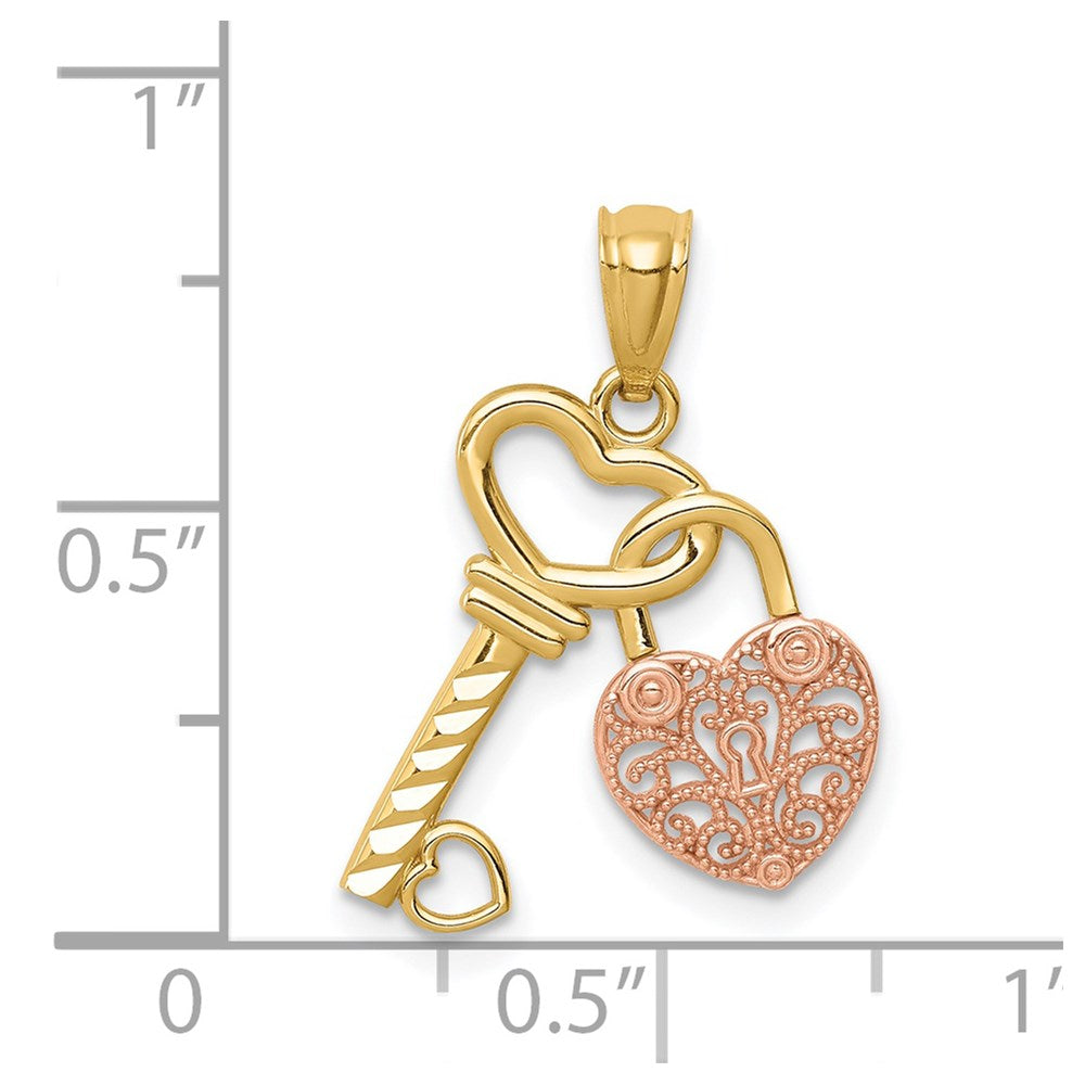 14K Two-tone Polished Filigree Heart Lock and Diamond-cut Key Charm