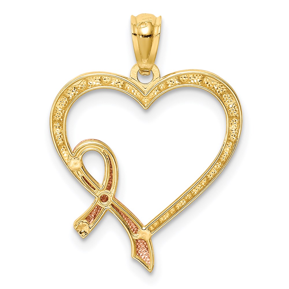 14K Rose Rhodium Pink Ribbon with Heart Pendant