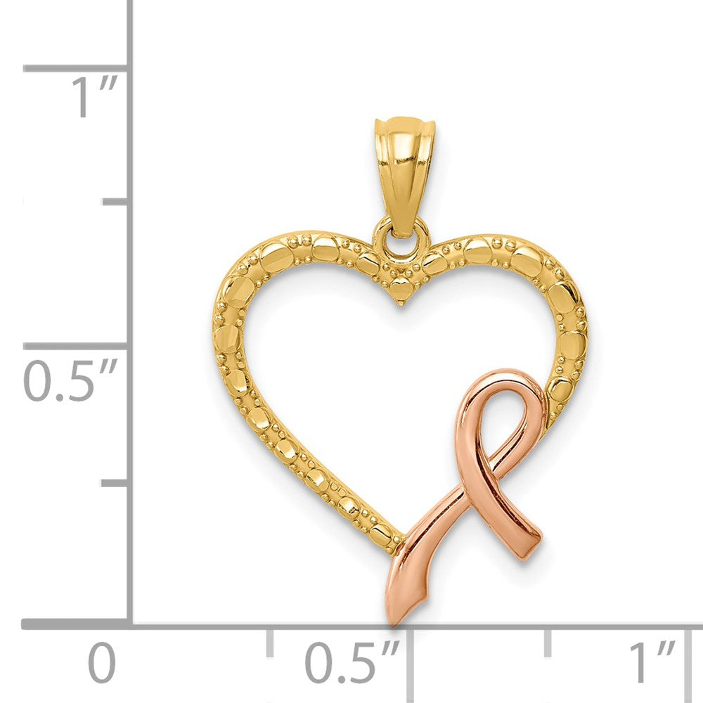 14K Rose Rhodium Pink Ribbon with Heart Pendant