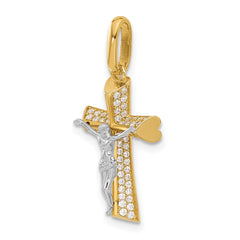 14K Two-tone Polished CZ Crucifix with Heart Ends Pendant