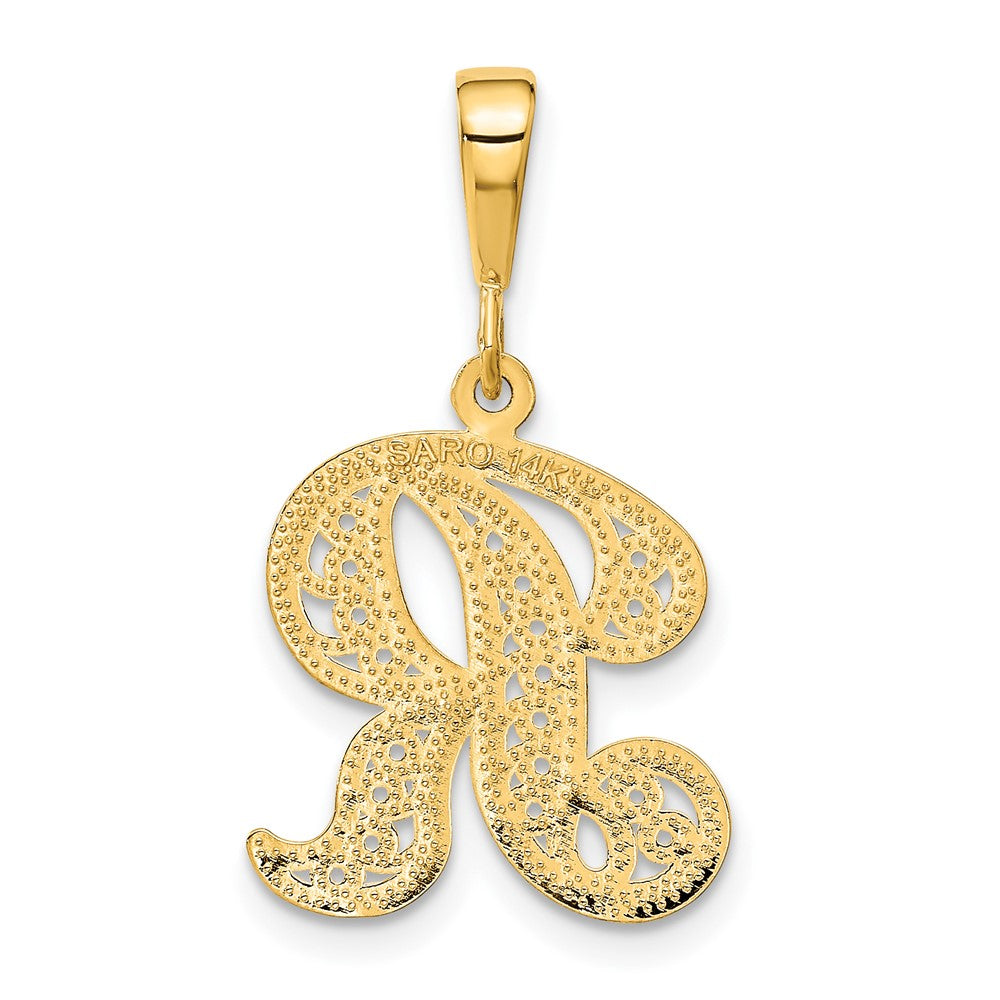 14KY Polished Script Filigree Letter R Initial Pendant