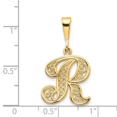 14KY Polished Script Filigree Letter R Initial Pendant