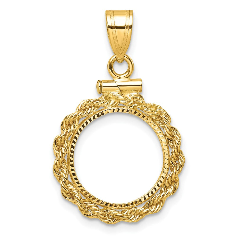 Wideband Distinguished Coin Jewelry 14k Polished Rope and Diamond-cut 13.0mm x 1.1mm Screw Top Coin Bezel Pendant