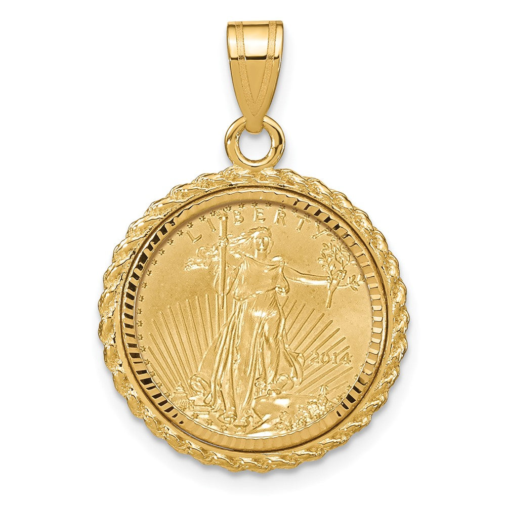 Wideband Distinguished Coin Jewelry 14ky Diamond-cut Casted Rope Prong Mounted 1/10oz American Eagle Coin Bezel Pendant