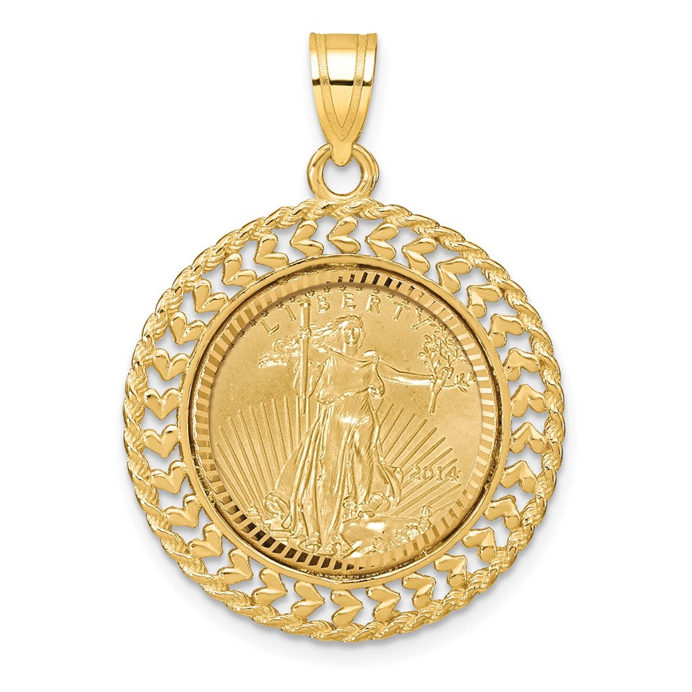 Wideband Distinguished Coin Jewelry 14ky Diamond-cut Heart & Rope Prong Mounted 1/10oz American Eagle Coin Bezel Pendant