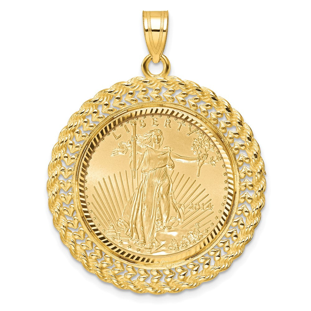 Wideband Distinguished Coin Jewelry 14ky Diamond-cut Heart & Rope Prong Mounted 1/4oz American Eagle Coin Bezel Pendant