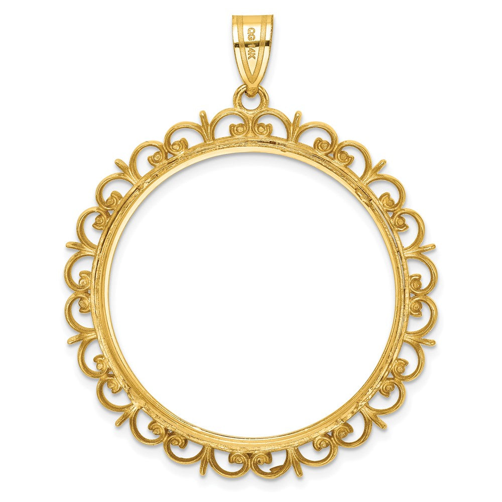 Wideband Distinguished Coin Jewelry 14k Polished and Diamond-cut Fancy 32.7mm Prong Coin Bezel Pendant