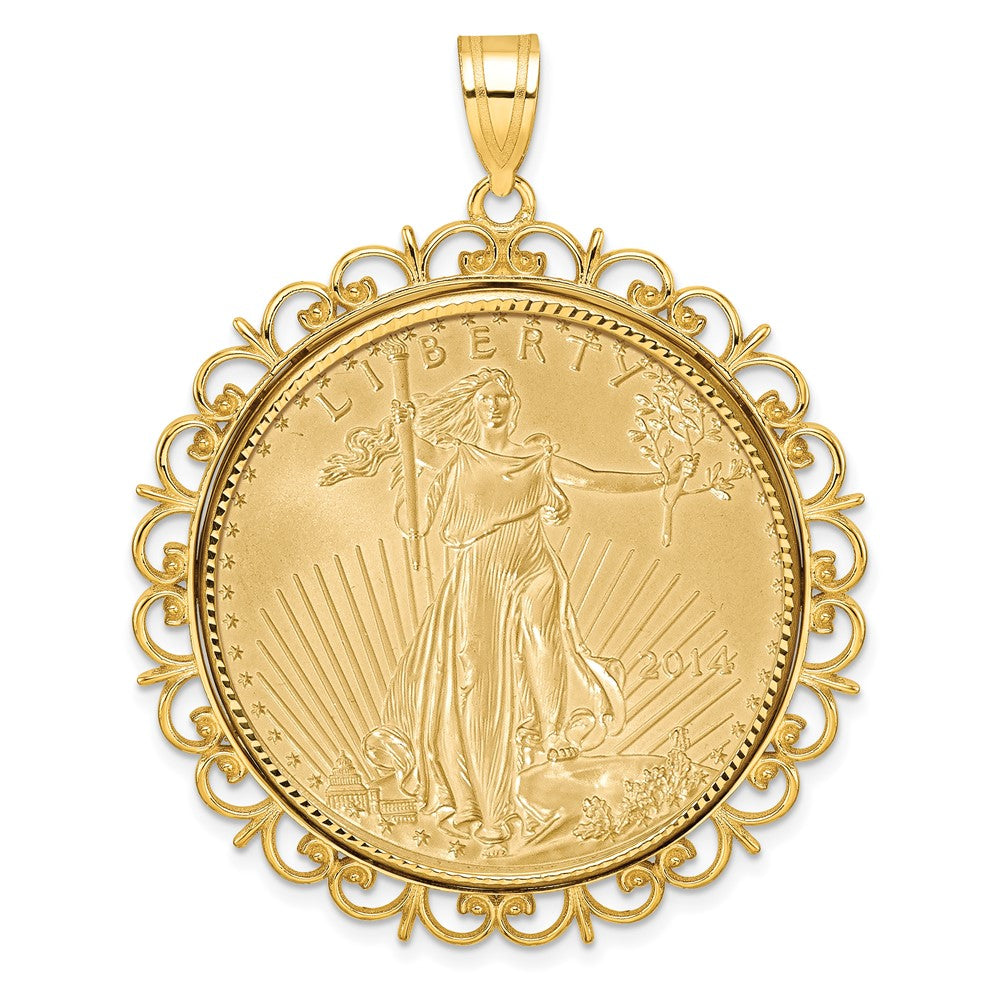 Wideband Distinguished Coin Jewelry 14ky Fancy Diamond-cut Prong Mounted 1oz American Eagle Coin Bezel Pendant
