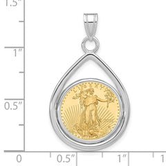 Wideband Distinguished Coin Jewelry 14k White Gold Polished Lightweight Teardrop Mounted 1/10oz American Eagle Prong Coin Bezel Pendant