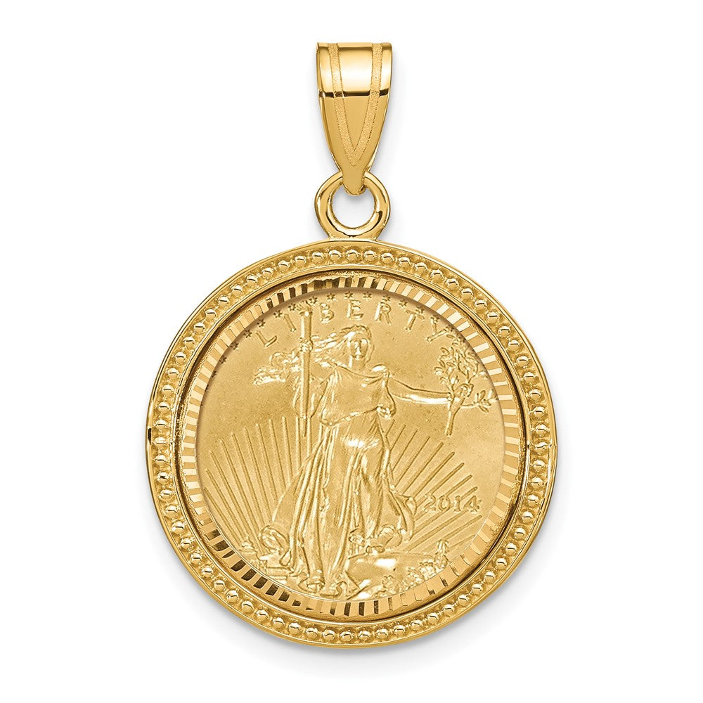 Wideband Distinguished Coin Jewelry 14ky Beaded & Diamond-cut Prong Mounted 1/10oz American Eagle Coin Bezel Pendant