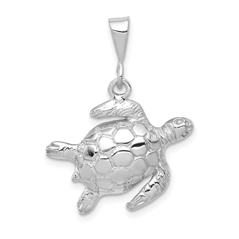 14k White Gold Solid Polished Open-Backed Sea Turtle Pendant - 2