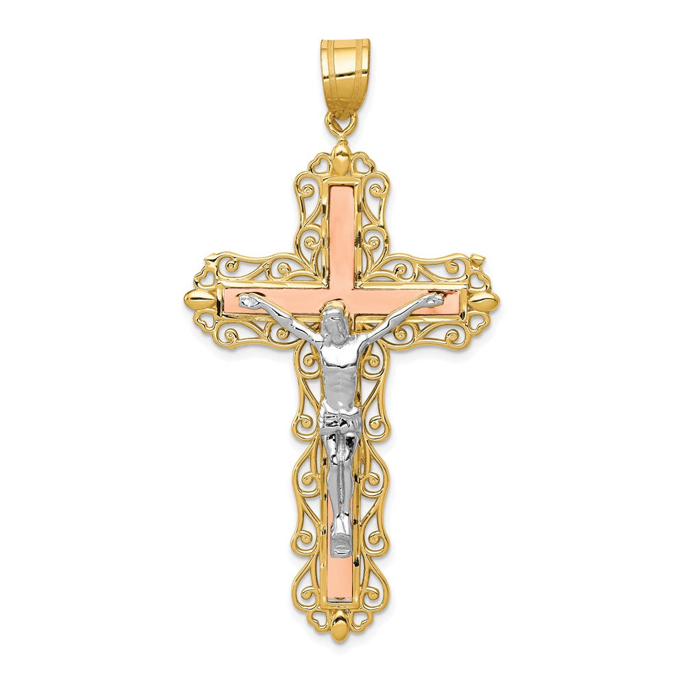 14K Tri-color Diamond-cut Crucifix Pendant - 4