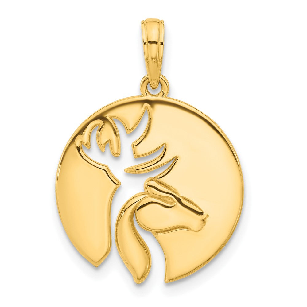 14kw Polished Cut-out Deer Head Circle Pendant