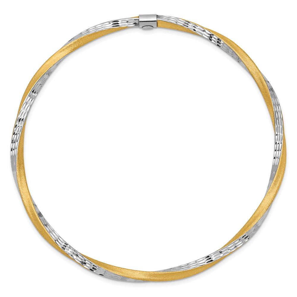 14k and White Rhodium Satin Finish Diamond-cut Twist 3.00mm Slip-on Round Bangle Bracelet