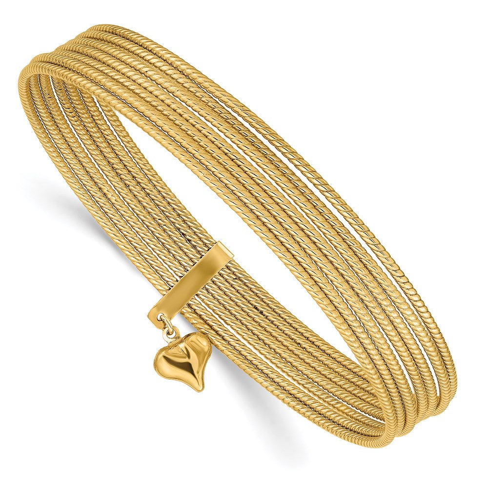 14K Polished and Textured with Dangle Heart 7-Strand 11.00mm Slip-on Round Bangle Bracelet - 2