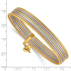 14K Oversize Tri-color Polished and Textured with Dangle Heart 7-Strand 11.00mm Slip-on Round Bangle Bracelet - 2