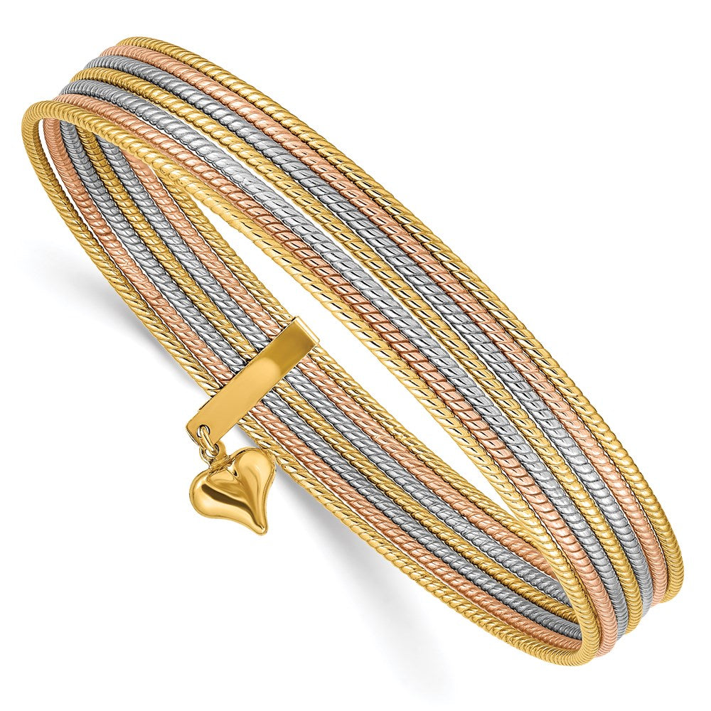 14K Oversize Tri-color Polished and Textured with Dangle Heart 7-Strand 11.00mm Slip-on Round Bangle Bracelet - 2