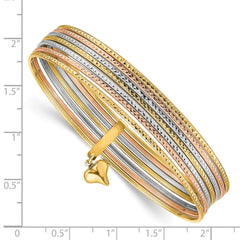 14K Tri-color Polished and Textured with Dangle Heart 7-Strand 11.00mm Slip-on Round Bangle Bracelet - 2