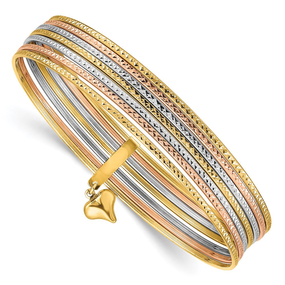 14K Tri-color Polished and Textured with Dangle Heart 7-Strand 11.00mm Slip-on Round Bangle Bracelet - 2