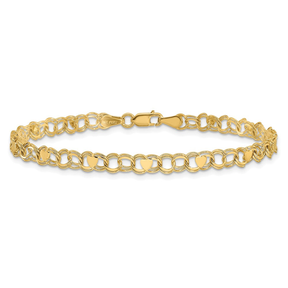 14k 4mm Solid Double Link with Hearts 8 inch Charm Bracelet