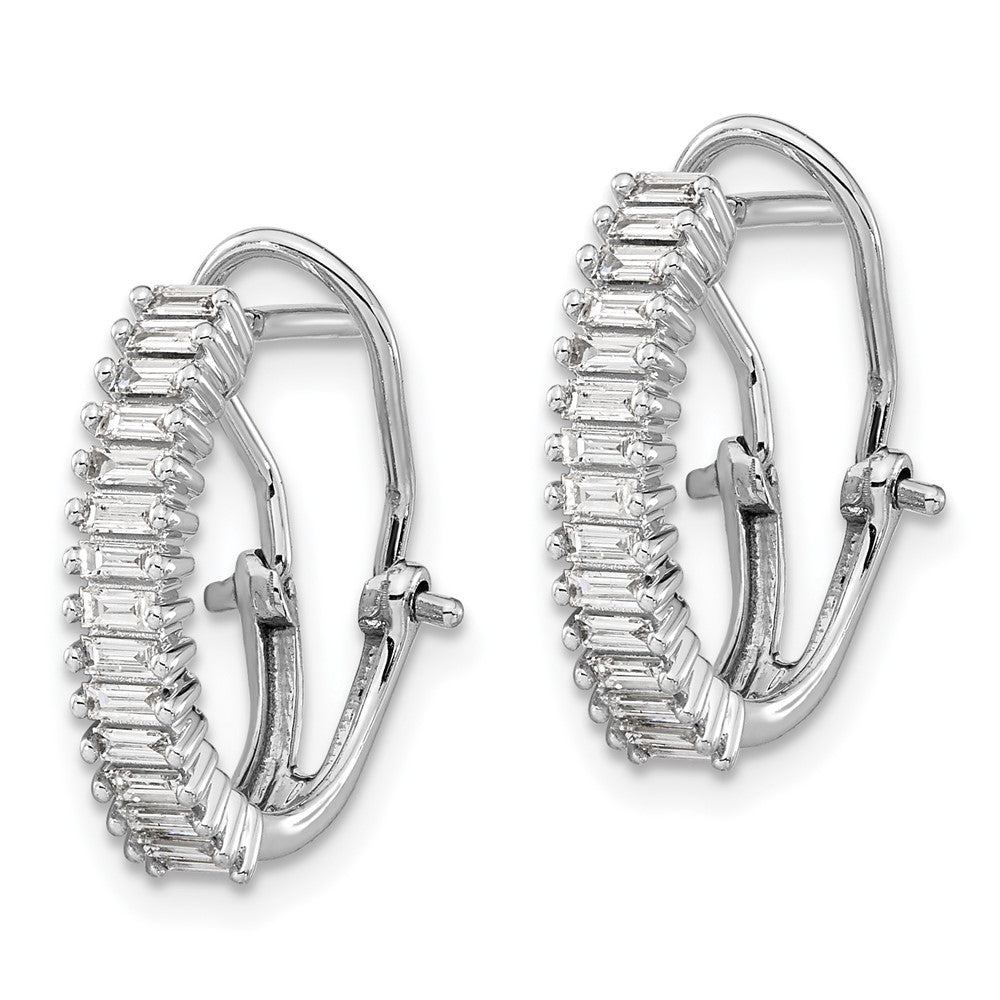 14k White Gold Baguette Diamond Omega Back Hoop Earrings