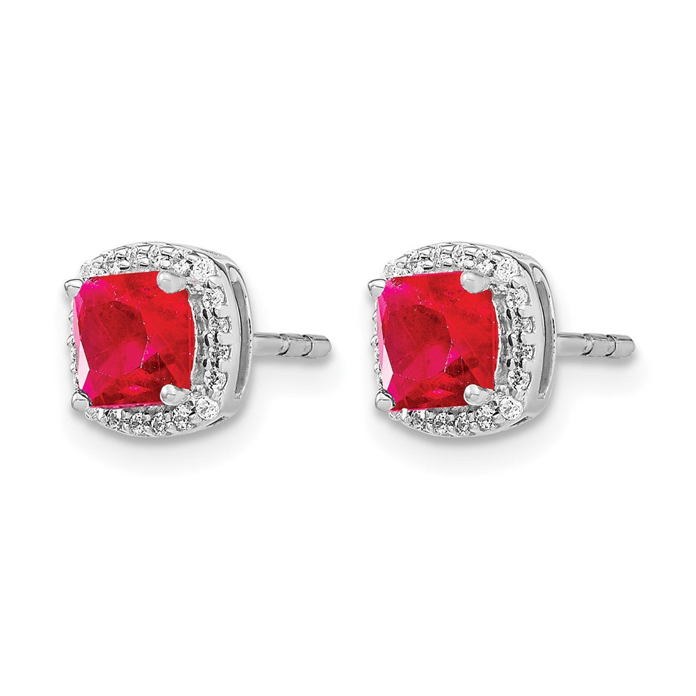 14k White Gold Cushion Ruby and Diamond Halo Earrings