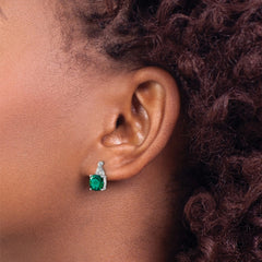 14K White Gold Checkerboard Created Emerald and Diamond Earrings