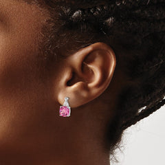 14K White Gold Checkerboard Created Pink Sapphire and Diamond Earrings