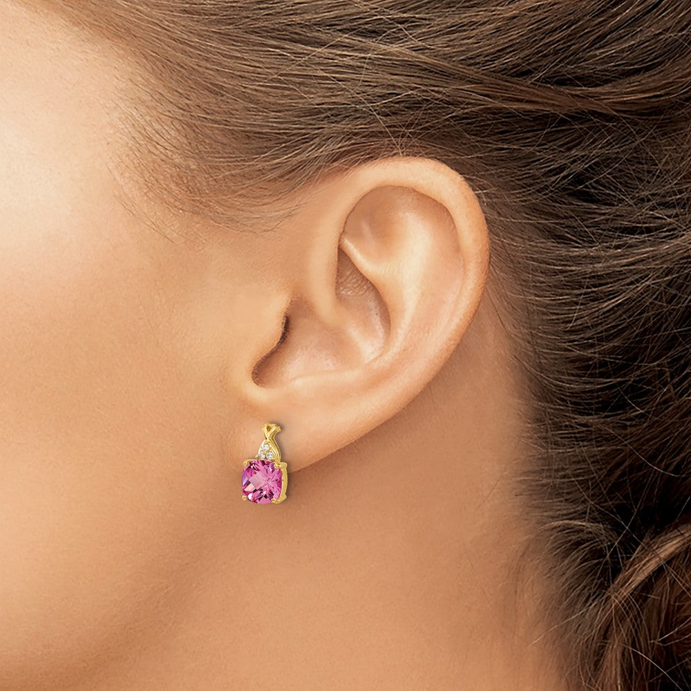 14k Checkerboard Created Pink Sapphire and Diamond Earrings