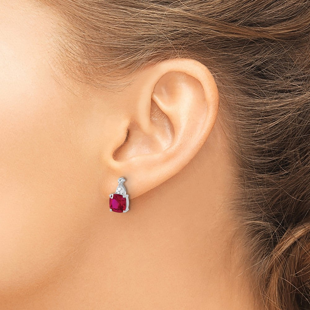 14K White Gold Checkerboard Created Ruby and Diamond Earrings