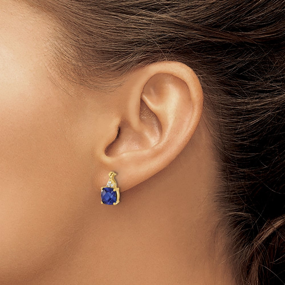 14k Checkerboard Created Sapphire and Diamond Earrings