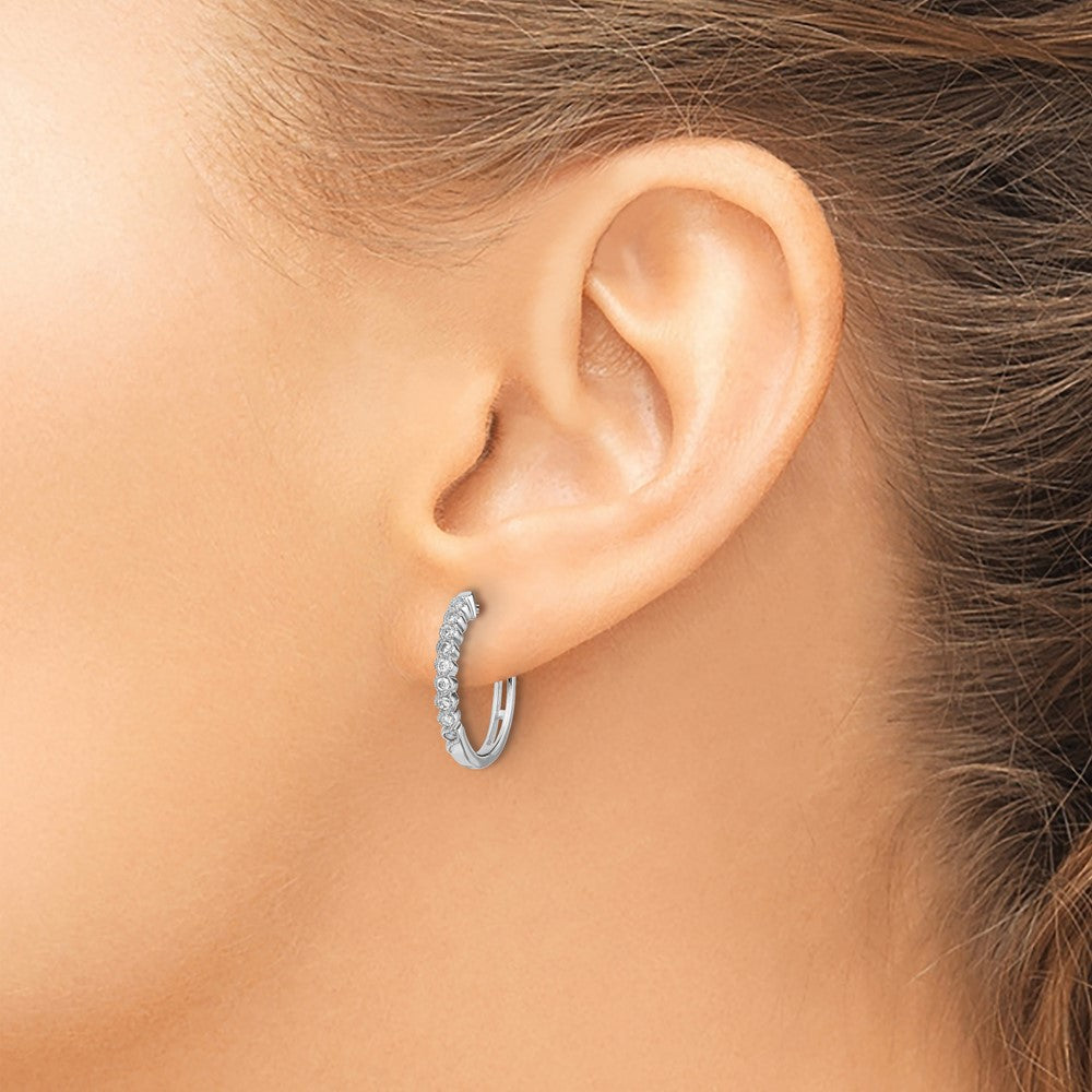 14k White Gold Polished Diamond Hinged Hoop Earrings - 3