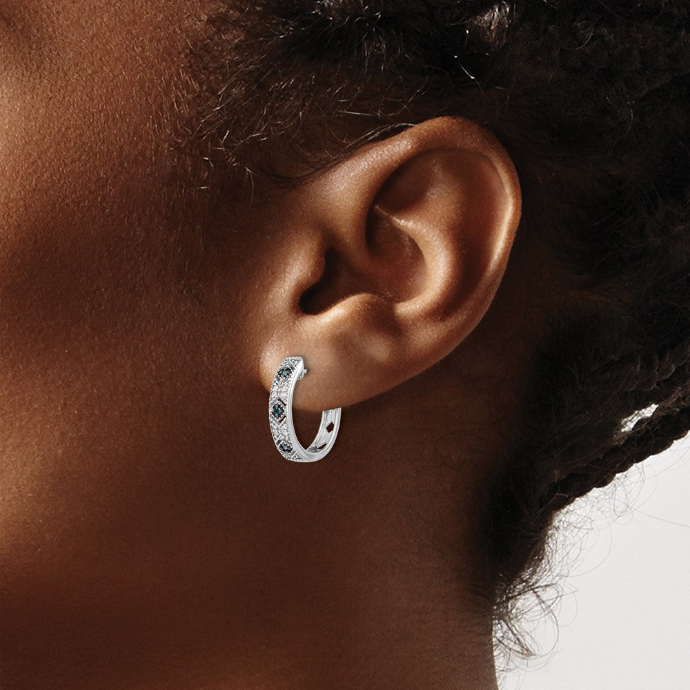 14k White Gold Blue/White Diamond Hinged Hoop Earrings - 3
