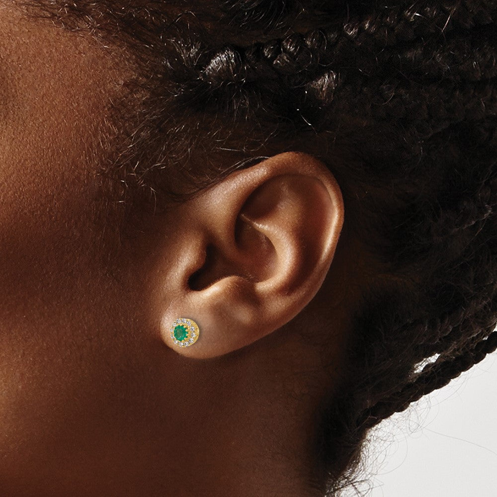 14k Gold Diamond and Emerald Halo Post Earrings - 2