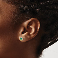 14k Gold Diamond and Emerald Halo Post Earrings - 2