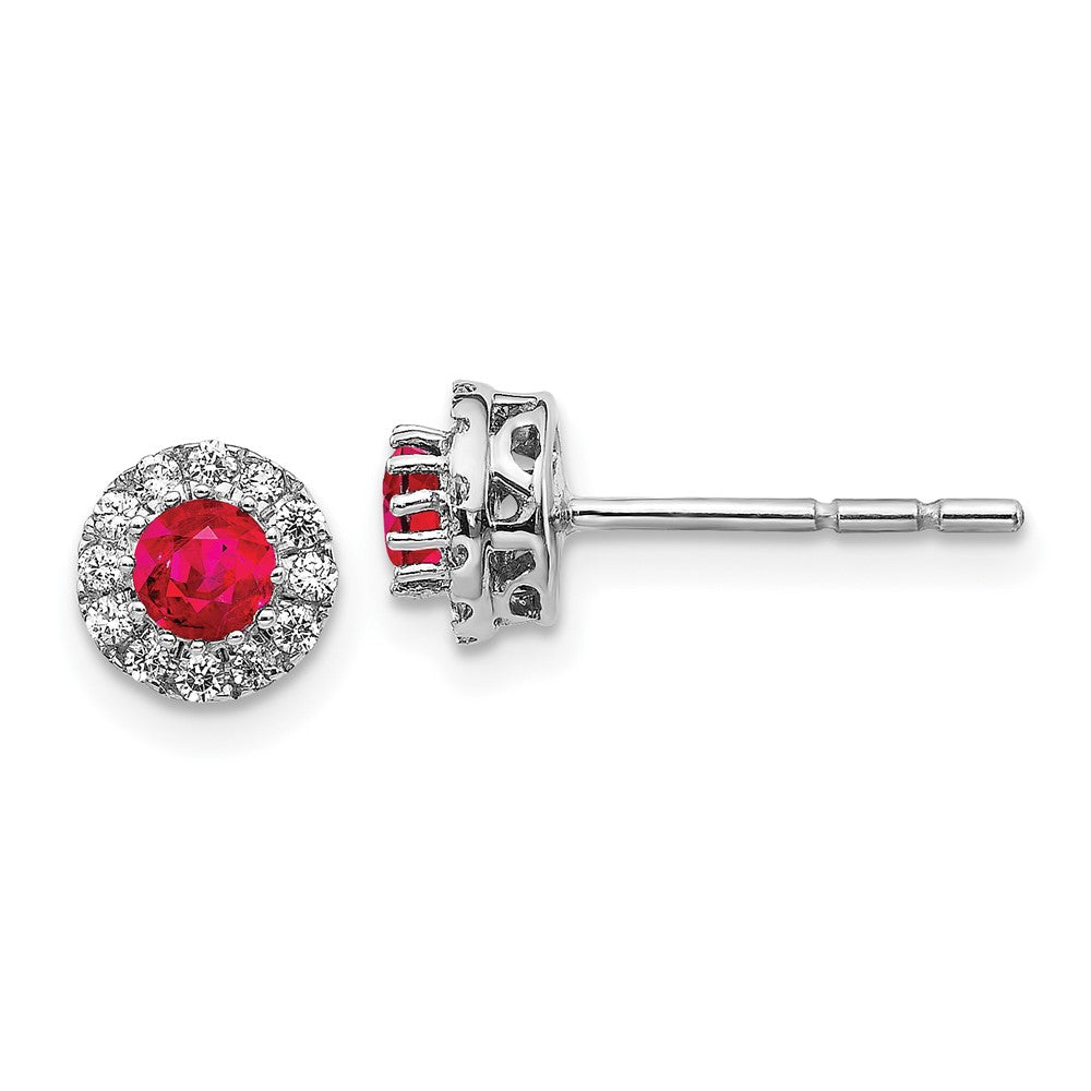 14k White Gold Diamond and Ruby Halo Post Earrings - 3