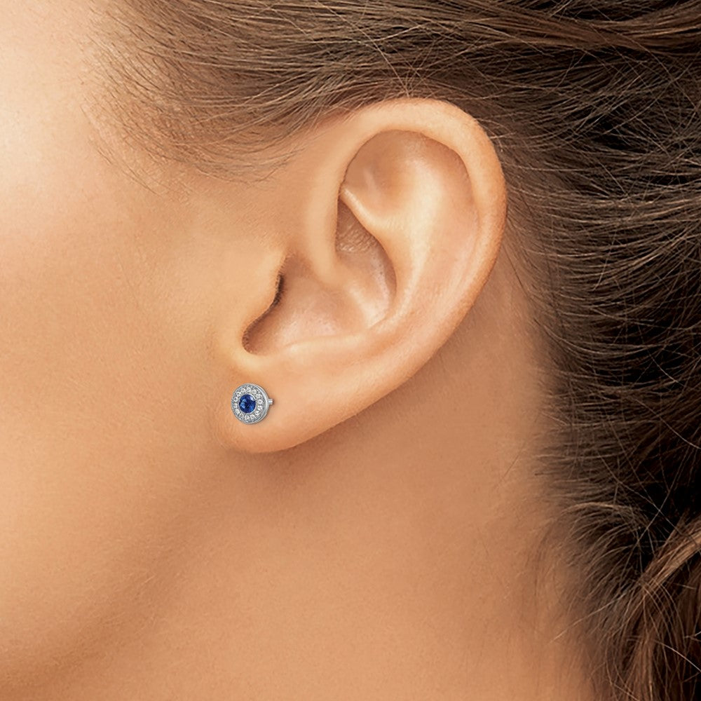 14k White Gold Diamond and Blue Sapphire Halo Post Earrings