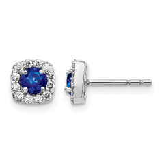 14k White Gold Diamond and Sapphire Square Halo Earrings