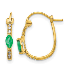 14k 1/20ct Diamond and Emerald Hinged Hoop Earrings