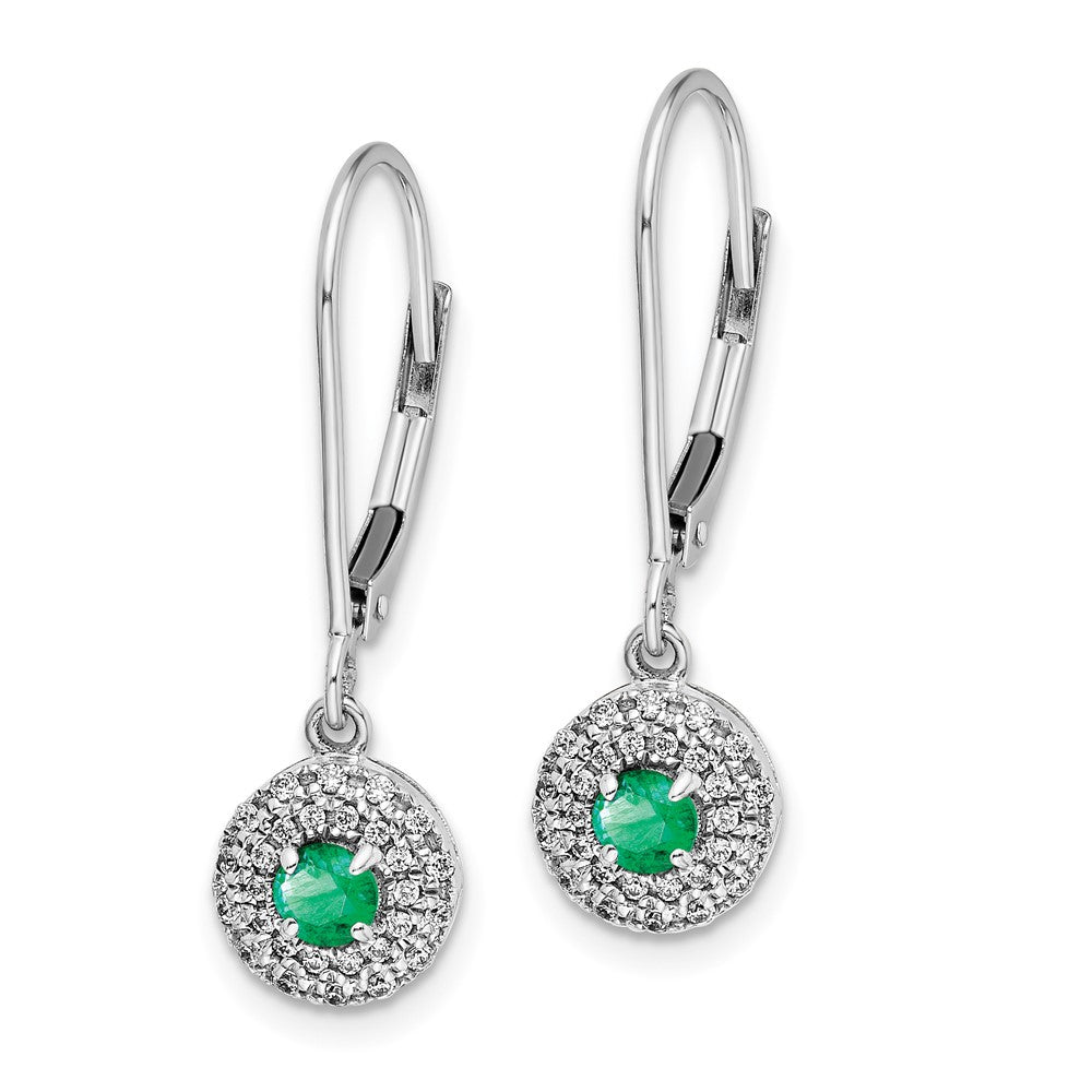 14k White Gold Diamond Halo Emerald Leverback Dangle Earrings