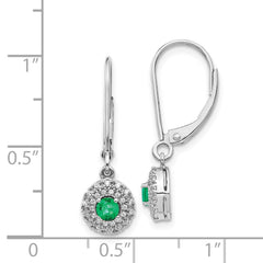 14k White Gold Diamond Halo Emerald Leverback Dangle Earrings