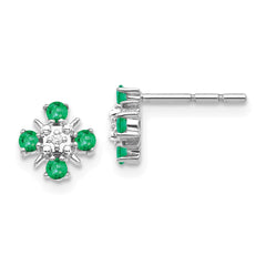 14k White Gold Emerald and Diamond Post Earrings - 2
