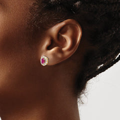 14k Oval Ruby and Diamond Halo Post Earrings
