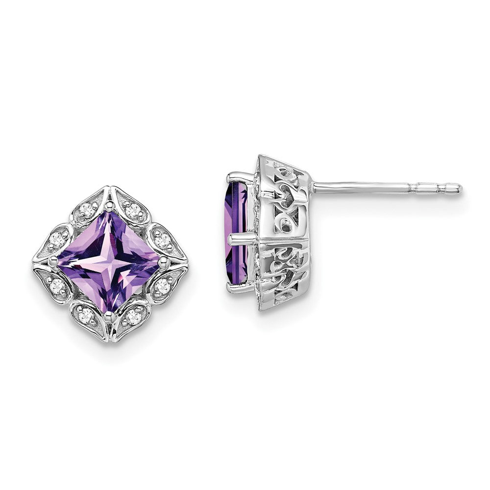 14k White Gold Square Amethyst and Diamond Earrings