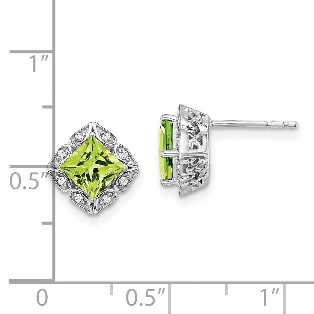 14k White Gold Square Peridot and Diamond Earrings