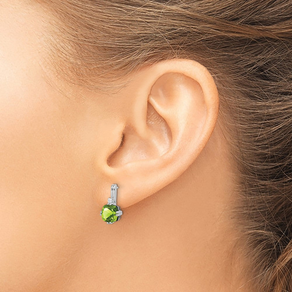 14k White Gold Cushion Peridot and Diamond Earrings